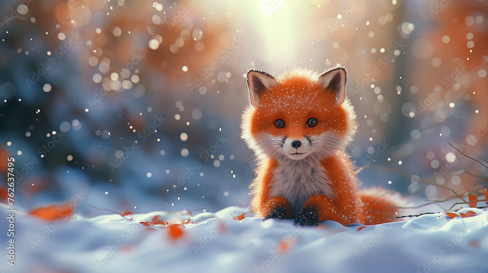Obraz premium 3d Red cute fox cub on the background of a snow fairy tale winter forest 