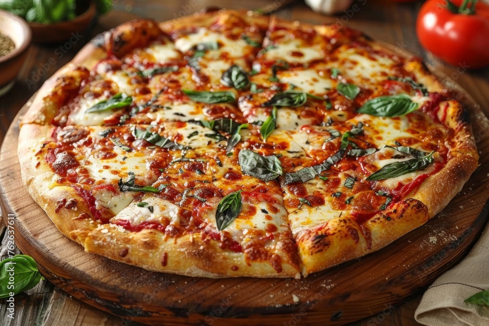 A freshly baked artisanal pizza with golden crust, mozzarella cheese, and basil, displayed on a wooden board in a rustic setting.