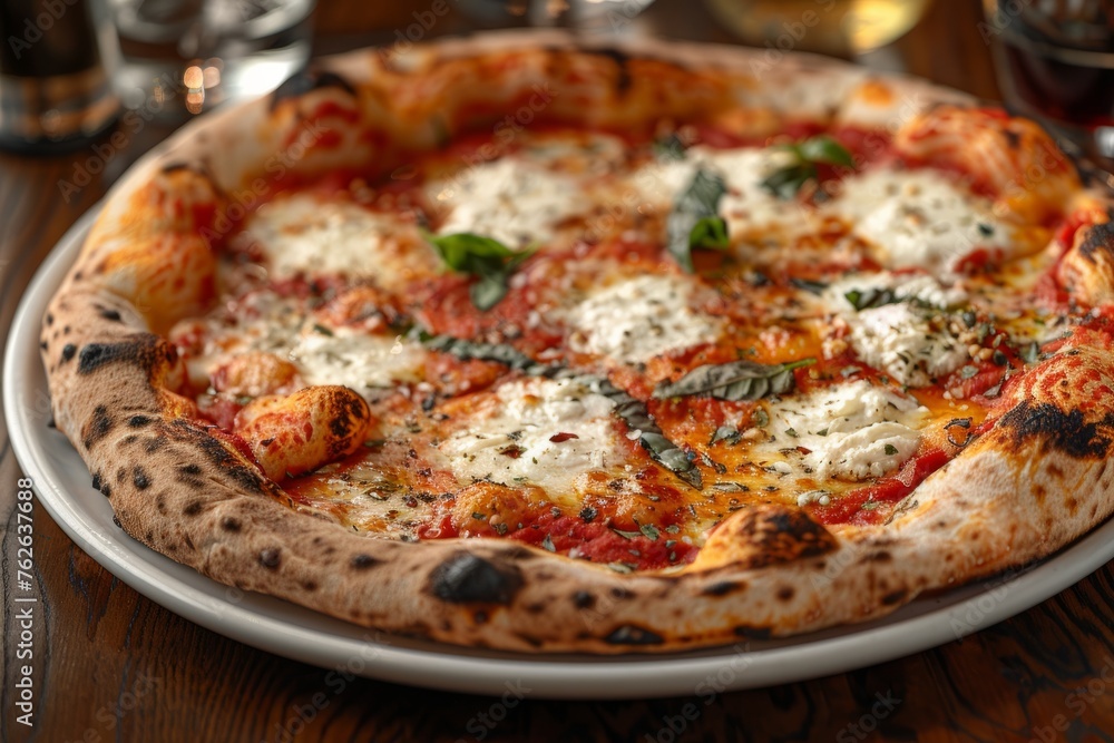 A freshly baked artisanal pizza with golden crust, mozzarella cheese, and basil, displayed on a wooden board in a rustic setting. A freshly baked artisanal pizza with golden crust, mozzarella cheese, and basil, displayed on a wooden board in a rustic setting.