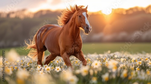  A horse galloping in a field of daisies against a sunset while foreground displays wildflowers