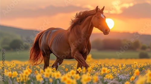  A brown horse runs through a field of yellow flowers as the sun sets in the background