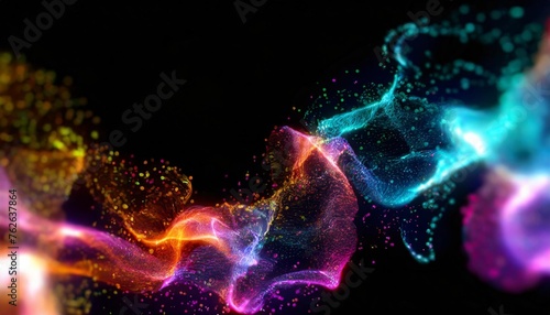 abstract flowing fluid colorful light particles on black background with copy space in concept technology science space universe