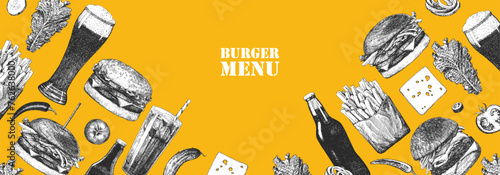 Burger Menu. Hand-drawn illustration of dishes and products. Ink. Vector