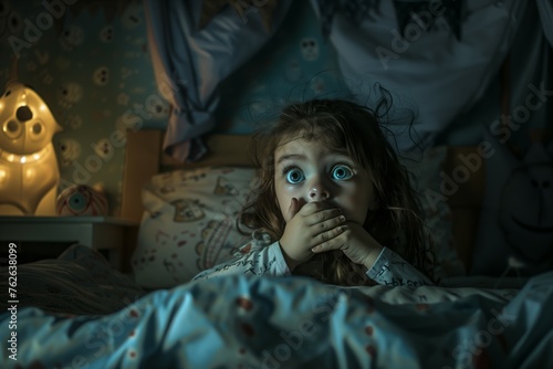 Child hiding face on a patterned bedsheet