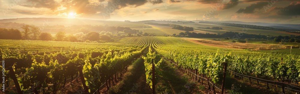 The sun is seen dipping below the horizon, casting a warm glow over rows of grapevines in a vineyard. The sky is painted in shades of orange and purple, creating a serene atmosphere. The sun is seen dipping below the horizon, casting a warm glow over rows of grapevines in a vineyard. The sky is painted in shades of orange and purple, creating a serene atmosphere.