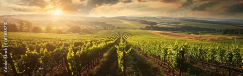 The sun is seen dipping below the horizon, casting a warm glow over rows of grapevines in a vineyard. The sky is painted in shades of orange and purple, creating a serene atmosphere.
