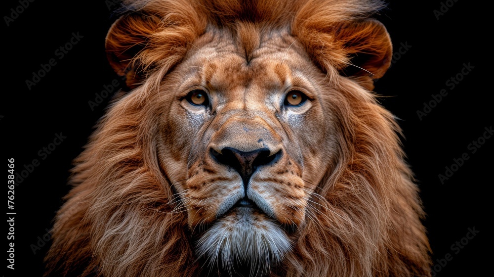 Fototapeta premium A high-quality image of a close-up lion's face on a dark background, with a clear and focused appearance