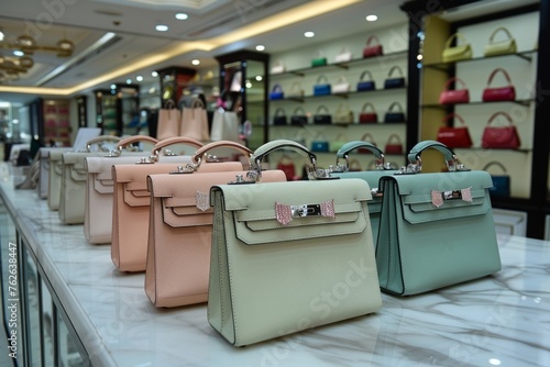 A luxurious array of handbags in pastel colors, neatly arranged on a glass shelf in a bright and opulent retail store.