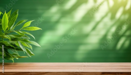 wood table green wall background with sunlight window create leaf shadow on wall with blur indoor green plant foreground panoramic banner mockup for display of product eco friendly generative