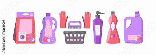 Cleaning product for home hygiene, washing and cleaning, detergents for washing in the washing machine. Cleaning supplies set. Home chemical detergent in bottles.