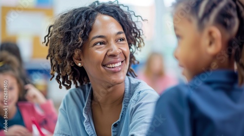 A woman smiling as she engages in conversation with a child, showing warmth and connection in their interaction.