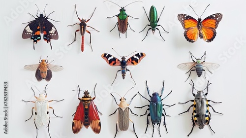 Explore the intricate world of insects with a captivating set of nine diverse specimens, meticulously displayed against a pristine white background. © pvl0707