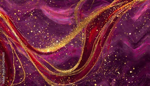purple liquid with tints of golden glitters purple background with a scattering of gold sparkles magic galaxy of golden dust particles in red fluid with burgundy tints