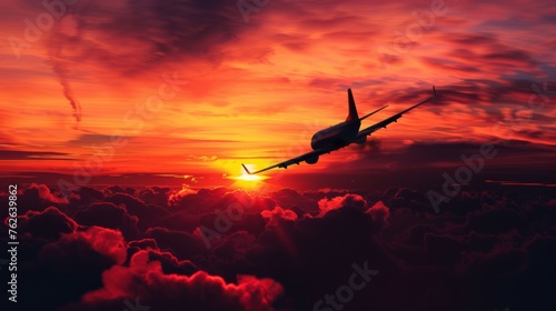 A motor plane silhouetted against the colorful sky as it flies during sunset, showcasing a peaceful and serene scene.