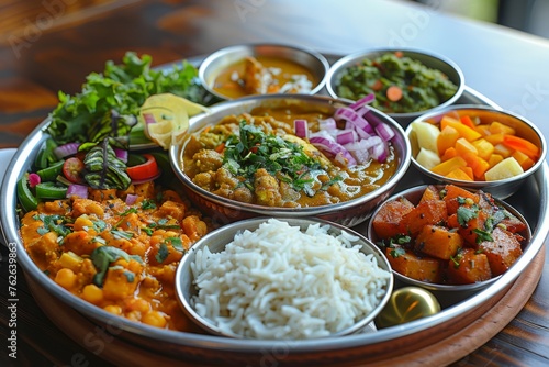 An array of Indian dishes in a vegetarian thali, with vibrant curries, rice, and naan, ready for a flavorful meal.