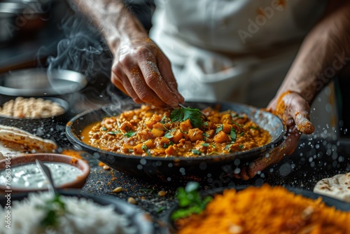 A chef sprinkles spices onto a vibrant Indian dish, showcasing a hands-on approach to cooking with fresh ingredients and rich flavors.