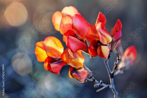 A detailed view of a vibrant Sturts Desert flower with a blurred background, showcasing its intricate petals and colors. photo