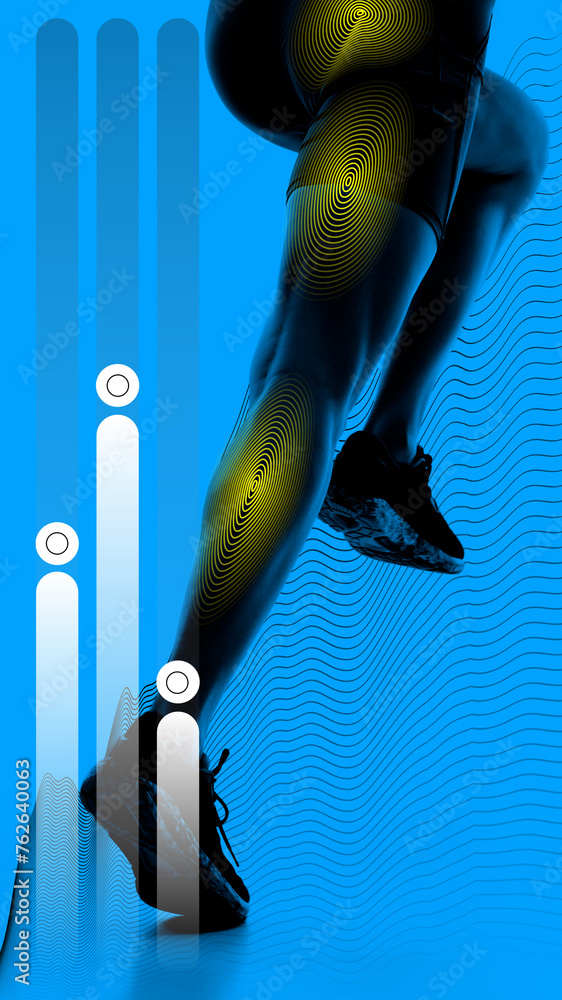 Naklejka premium Cropped image of female legs in dynamic pose, athlete in motion running against blue background. Marathon poster. Endurance. Concept of sport, active and heathy lifestyle, training