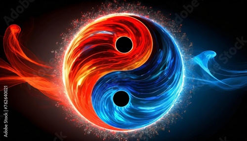 yin yang or tai chi symbol made of red and blue fire on black background created with technology photo