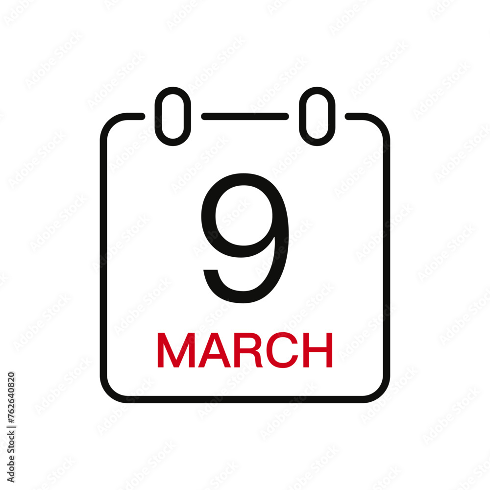 March 9 date on the calendar, vector line stroke icon for user interface. Calendar with date, vector illustration.