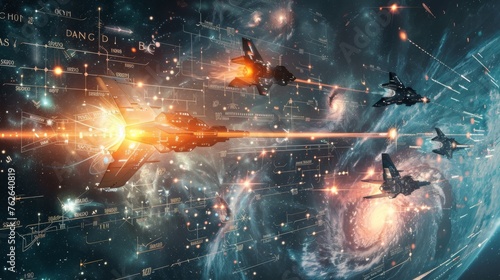 Multiple spaceships flying through a vast expanse of space filled with twinkling stars. The scene is dynamic as the ships navigate through the starry sky, showcasing a sense of movement and action.