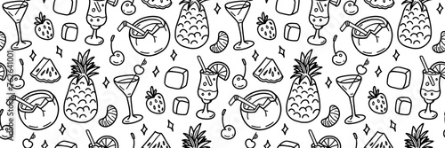 Summer cocktails line Pattern for menu, bar. Drinks and exotic fruits, berries doodle icons.