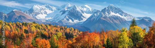 A detailed painting capturing the vibrant colors of a mountain range in autumn. The golden, orange, and red hues of the trees stand out against the backdrop of towering peaks under a clear sky. photo