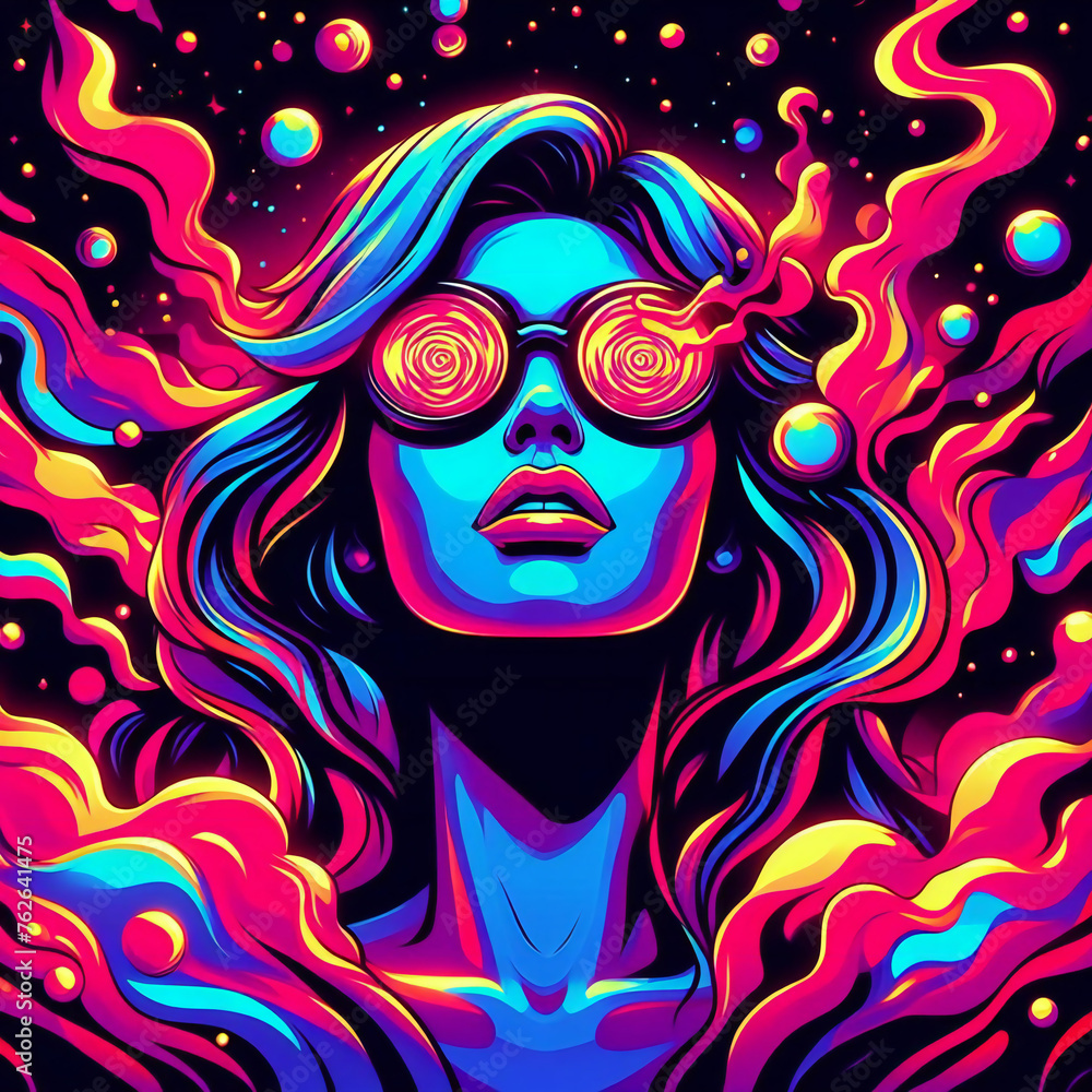 Digital art of a woman with long hair and sunglasses , surrounded by colorful smoke and stars.