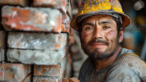 Latin Mexican man  who is dedicated to masonry work  is a bricklayer and his work is in construction