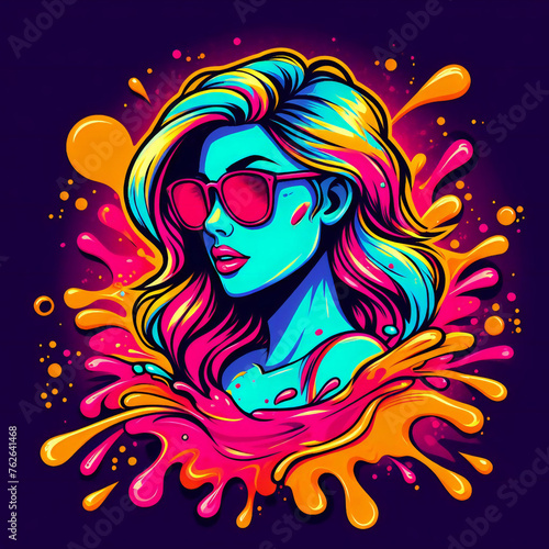 Digital art of a woman is wearing sunglasses and a colorful shirt , and she is surrounded by a splash of paint .