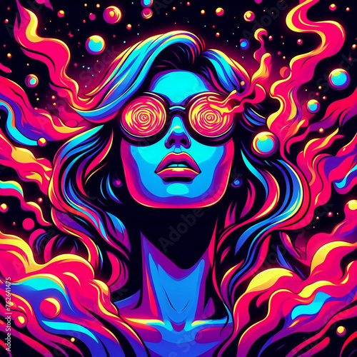 Digital art of a woman with long hair and sunglasses , surrounded by colorful smoke and stars.