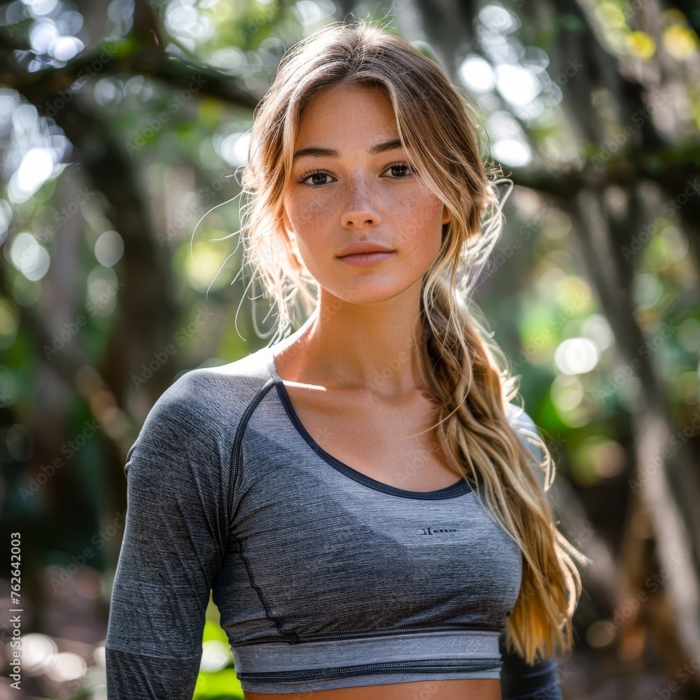 Young Woman Posing in Front of Trees. Generative AI Young Woman Posing in Front of Trees. Generative AI