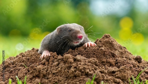 mole crawling out of brown molehill