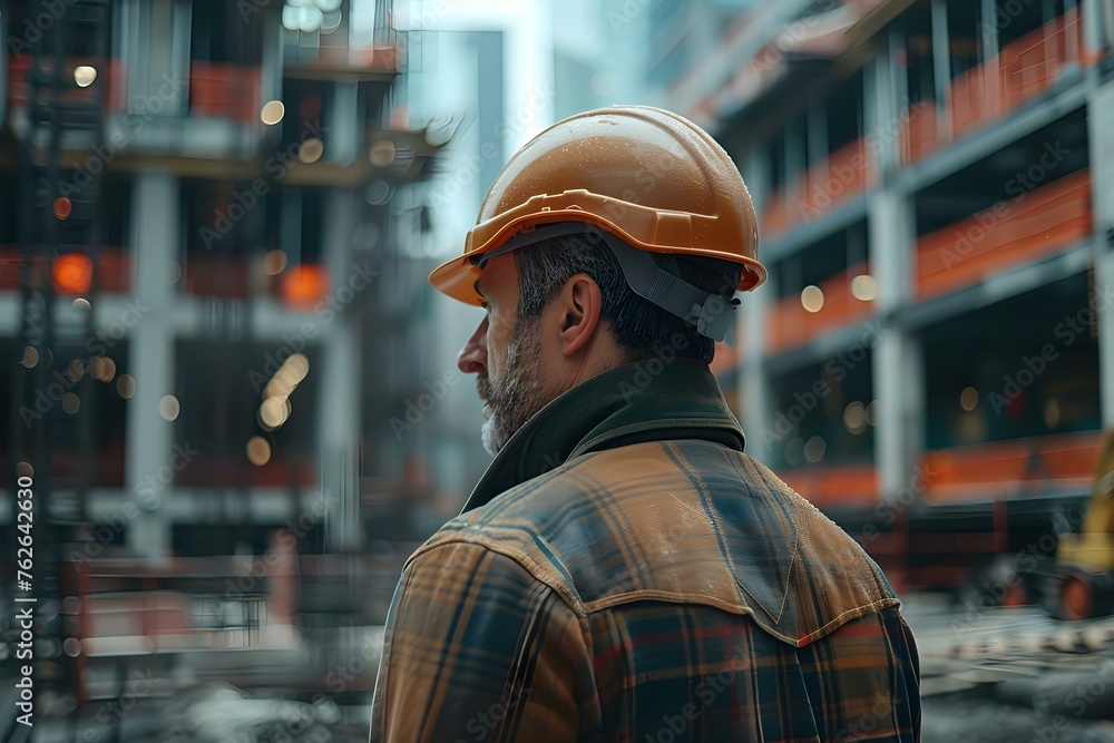 Construction worker wearing a hard hat at a construction site with empty space for text. Concept Construction Work, Safety Gear, Job Site, Hard Hat, Text Space