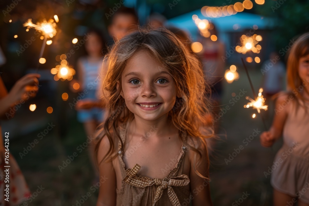 A joyful girl with sparkling blue eyes and freckles smiles brightly, surrounded by blurred figures with sparklers in a festive atmosphere. A joyful girl with sparkling blue eyes and freckles smiles brightly, surrounded by blurred figures with sparklers in a festive atmosphere.