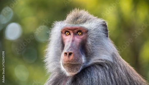 adult old baboon monkey pavian papio hamadryas close face expression observing staring vigilant looking at camera with green bokeh background out focus hairy adult baboon with silver grey hair photo