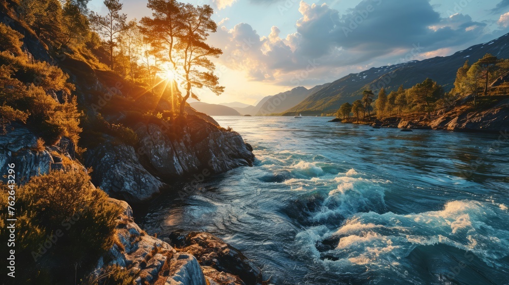 Generative AI Coastal panorama, drone's eye view, sun dipping, tranquil fjord waters, realistic sunset scene in Norwegian fjords