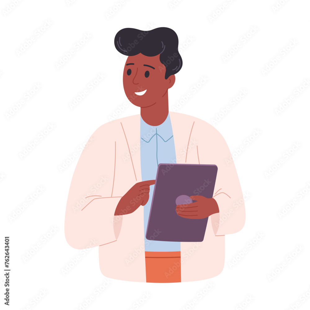 Scientist, doctor or biologist in white coat  holding digital tablet. Doctor looking in the medical card. Vector illustration in flat style
