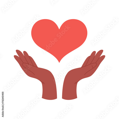 Two hands hold red heart. Concept of love, charity, philanthropy and donation. Vector illustration in flat style