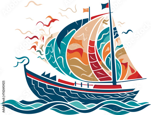 Vector ornamental ancient sailboat illustration. Abstract historical mythology ship logo. Good for print or tattoo photo