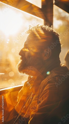 A man is seated inside a bus, gazing out of the window. He appears contemplative as he observes the passing scenery outside while on a journey.