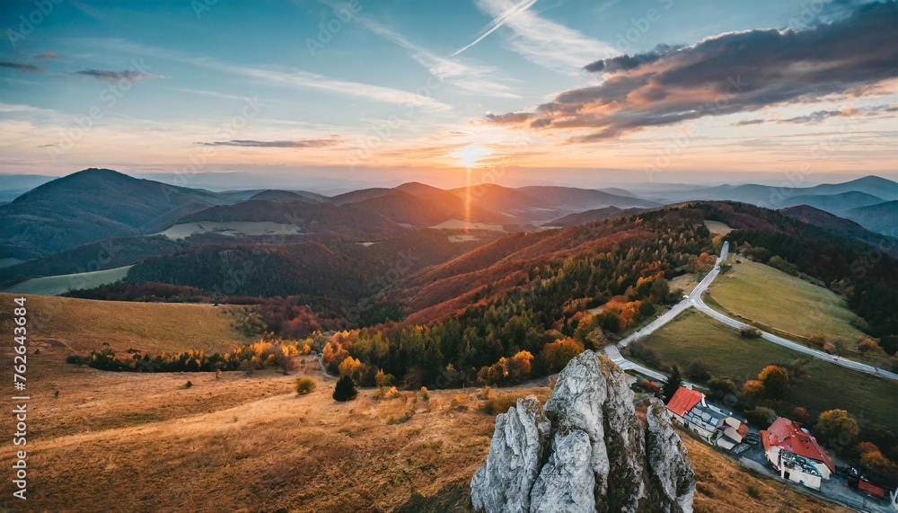 colorful sunset in the mountains of the little carpathians in slovakia at autumn evening discover the mountains from drone - obrazy, fototapety, plakaty 