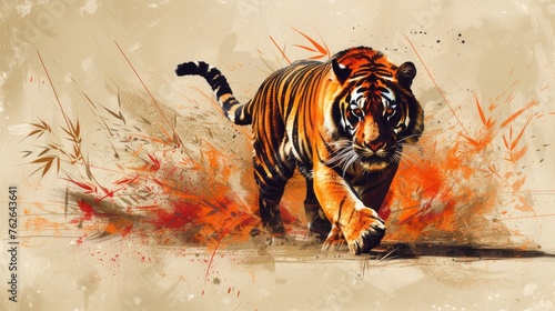  A tiger in an orange-red field with splattered paint