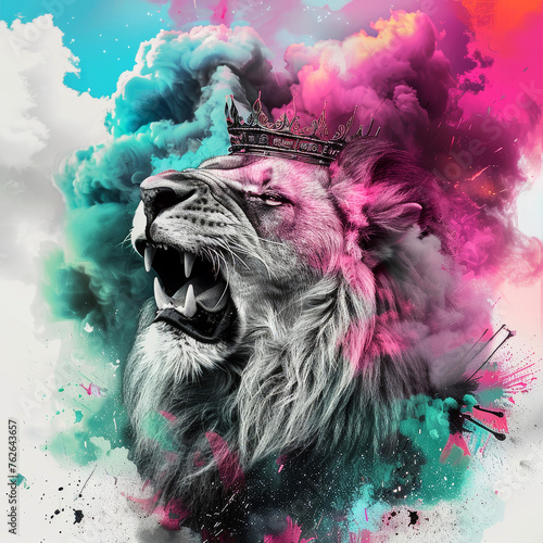 CREATE AND REALISTIC IMAGE OF A SCATCHED LION IN BLACK AND WHITE WITH A BLACK CROWN WITH ITS MOUTH OPEN WITH A CLOUD MULTICOLORED THAT A TEAL FUSCHIA PINK AND LIME GREEN photo