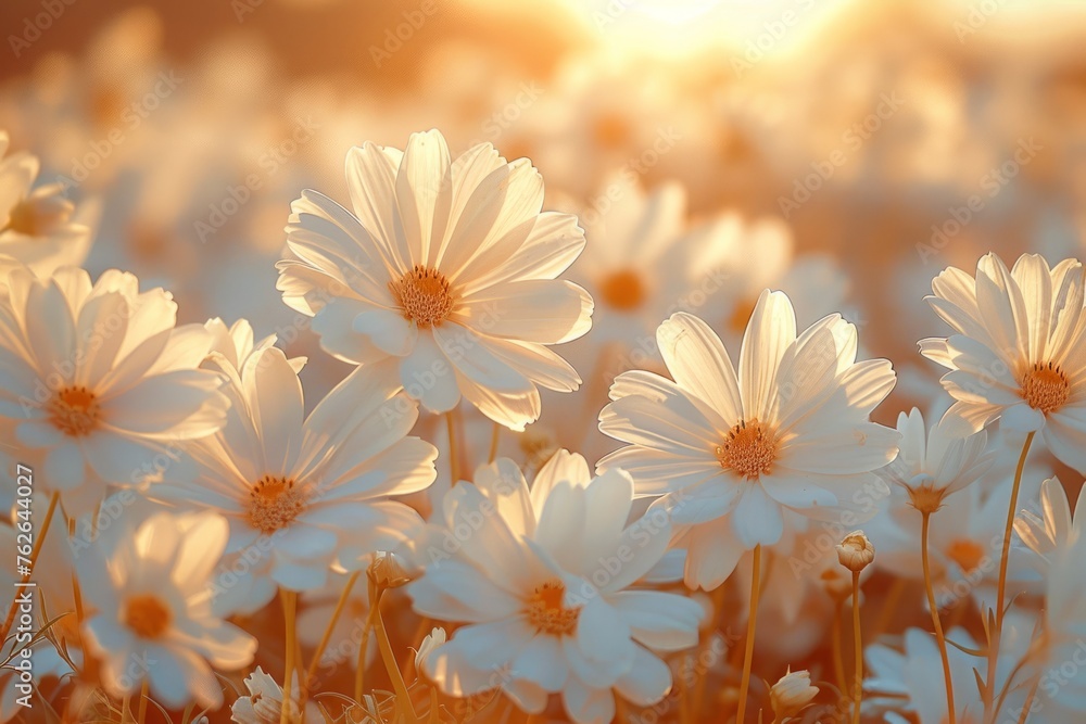 Field of Daisies Bathed in Golden Sunset Light
