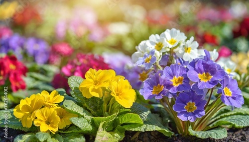 sunny spring day in a flower bed different primroses plentifully blossom different inflorescences different colors