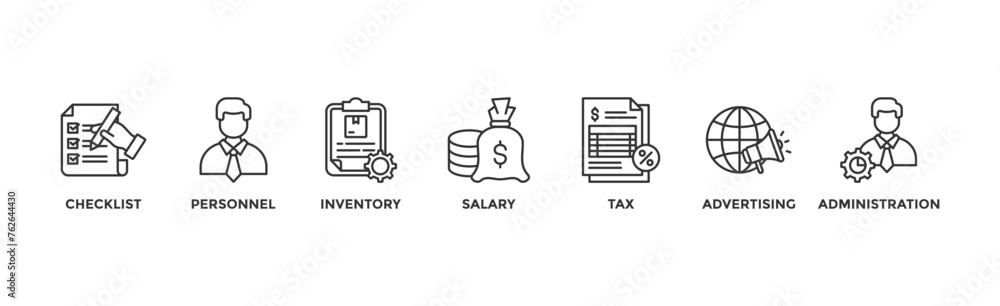 Cost reduction banner web icon glyph silhouette with icon of checklist, personnel, inventory, salary, tax, advertising and administration Cost reduction banner web icon glyph silhouette with icon of checklist, personnel, inventory, salary, tax, advertising and administration