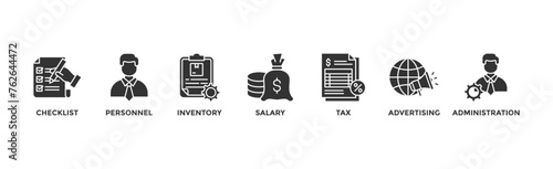 Cost reduction banner web icon glyph silhouette with icon of checklist, personnel, inventory, salary, tax, advertising and administration	