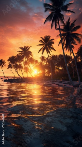 Generative AI Overhead shot capturing the silhouette of palm trees on remote islands against the stunning backdrop of a vibrant sunset  casting golden reflections on the tranquil waters below.