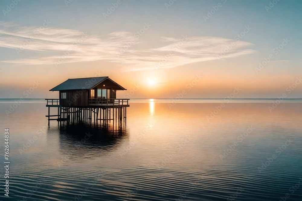 A solitary overwater bungalow perched on stilts, casting a reflection on the calm, mirror-like surface of the ocean during sunrise A solitary overwater bungalow perched on stilts, casting a reflection on the calm, mirror-like surface of the ocean during sunrise